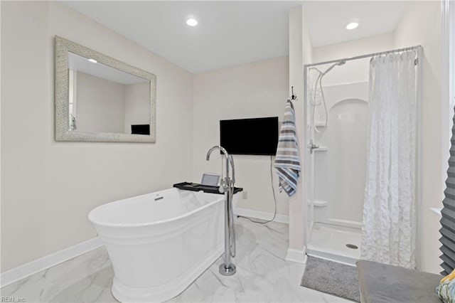 bathroom featuring baseboards, a soaking tub, recessed lighting, curtained shower, and marble finish floor