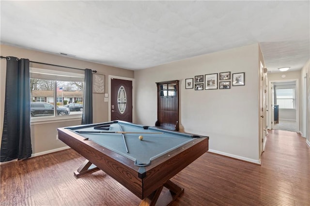 recreation room with billiards, wood finished floors, and baseboards