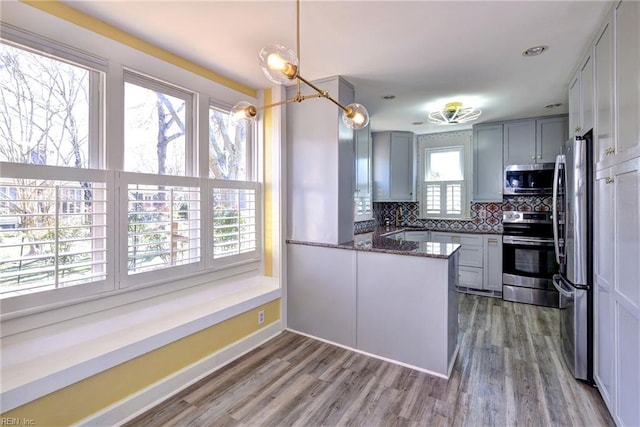 kitchen featuring decorative backsplash, gray cabinets, a peninsula, wood finished floors, and stainless steel appliances