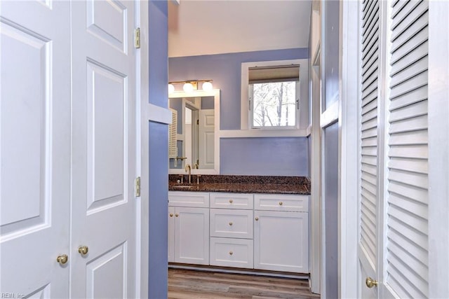 bathroom featuring a closet, wood finished floors, and vanity