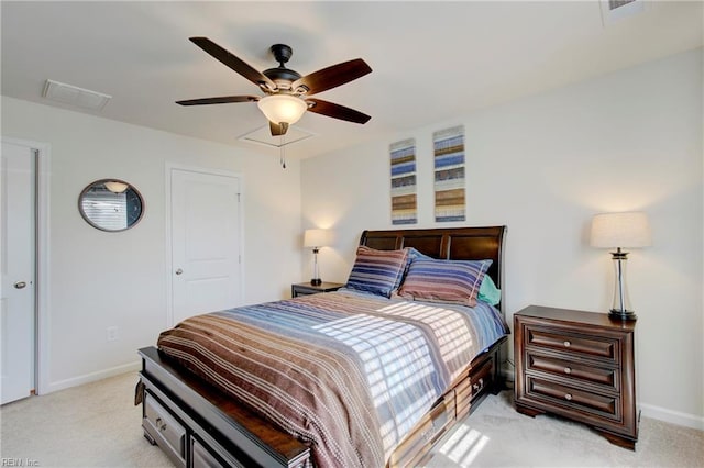 bedroom featuring ceiling fan, baseboards, visible vents, and light carpet