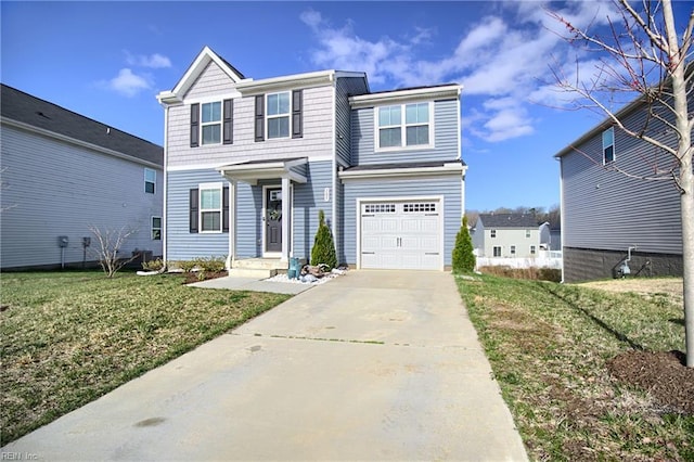 traditional-style home with a garage, concrete driveway, and a front lawn