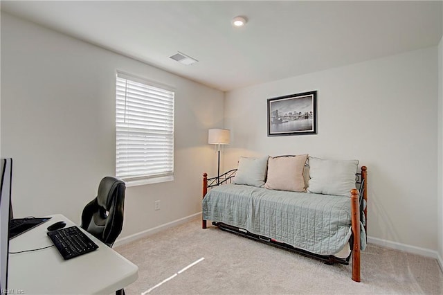 bedroom featuring carpet flooring, baseboards, and visible vents