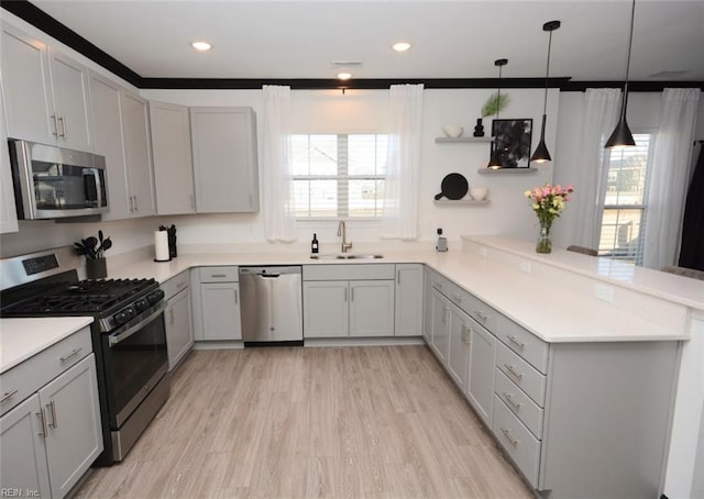 kitchen featuring gray cabinetry, a wealth of natural light, a peninsula, stainless steel appliances, and a sink