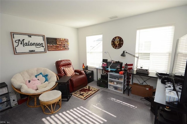 living area featuring visible vents and carpet floors