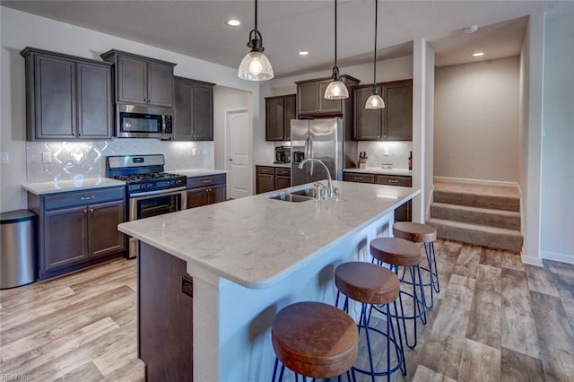 kitchen featuring a breakfast bar, a center island with sink, light wood-style flooring, backsplash, and stainless steel appliances