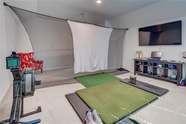 exercise room featuring carpet flooring, recessed lighting, and golf simulator