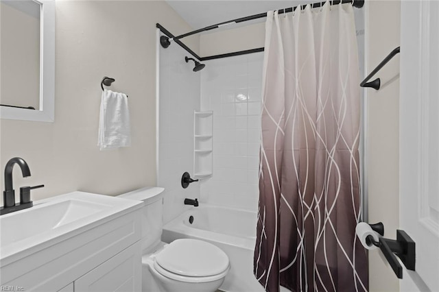 bathroom with vanity, toilet, and shower / tub combo with curtain