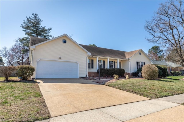 single story home with brick siding, driveway, a front lawn, and a garage