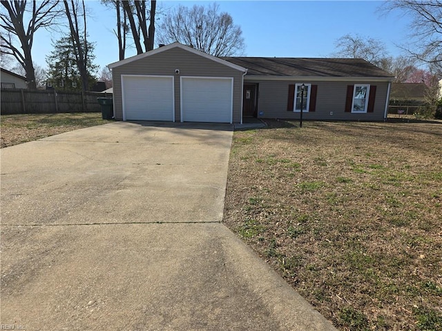 single story home with an attached garage, driveway, a front lawn, and fence