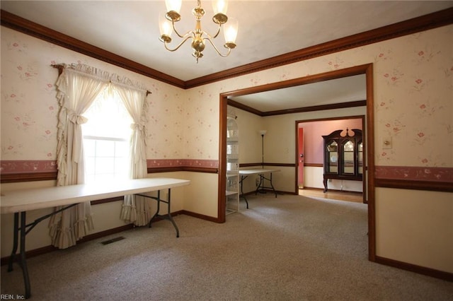 unfurnished office featuring a wainscoted wall, ornamental molding, wallpapered walls, and carpet floors