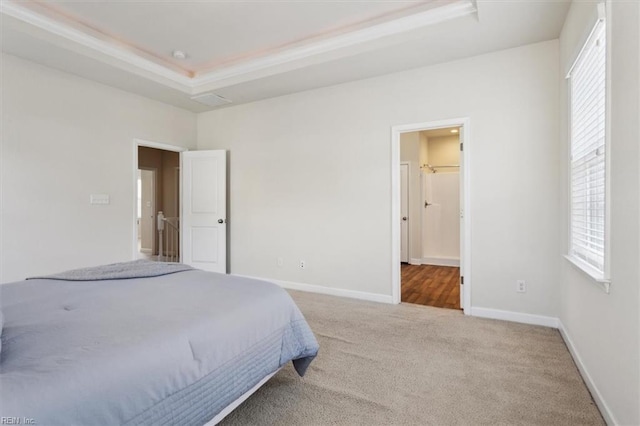 bedroom with carpet flooring, a raised ceiling, and baseboards