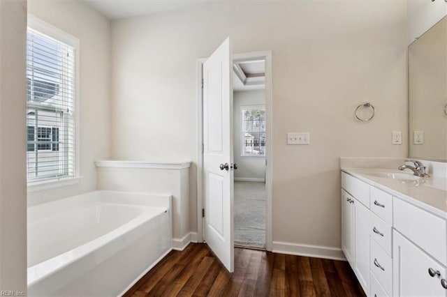 bathroom featuring a bath, vanity, baseboards, and wood finished floors