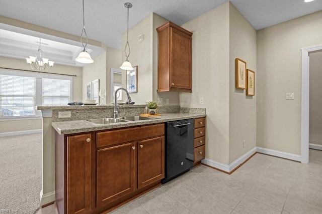 kitchen featuring baseboards, a peninsula, a sink, black dishwasher, and a chandelier