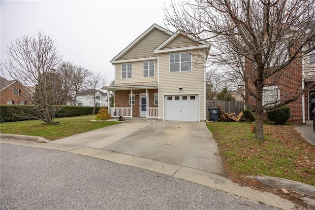 view of front of house featuring fence, driveway, an attached garage, covered porch, and a front lawn