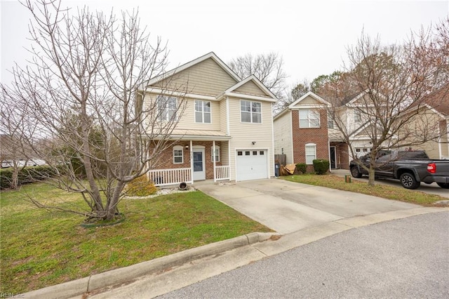 view of front facade with brick siding, a front lawn, covered porch, driveway, and an attached garage