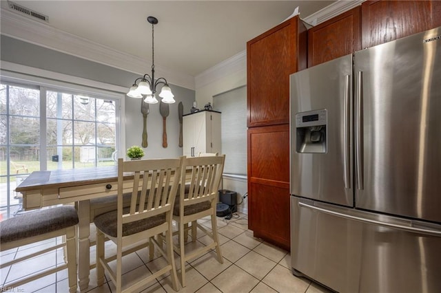 interior space featuring light tile patterned floors, visible vents, crown molding, and an inviting chandelier