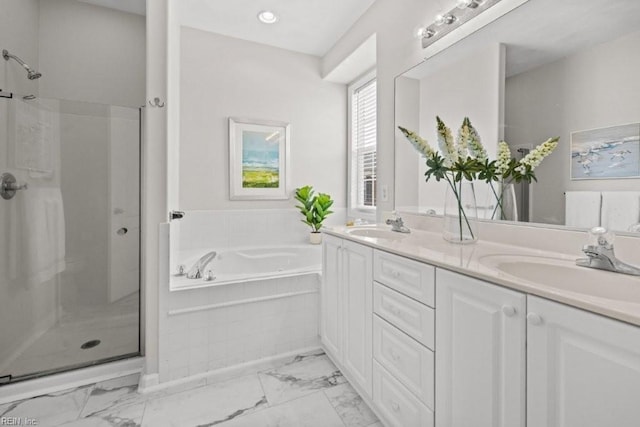 full bath featuring a sink, marble finish floor, and a shower stall