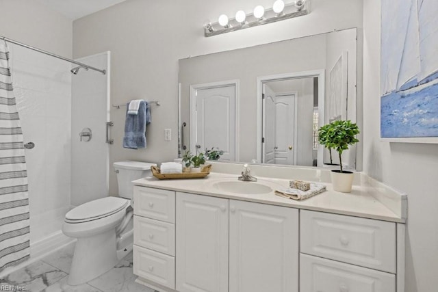 bathroom with toilet, marble finish floor, vanity, and a tile shower