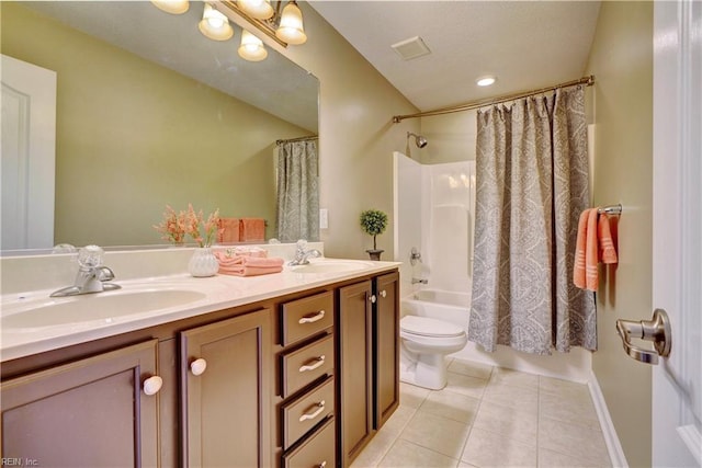 bathroom with tile patterned flooring, shower / bathtub combination with curtain, visible vents, and a sink