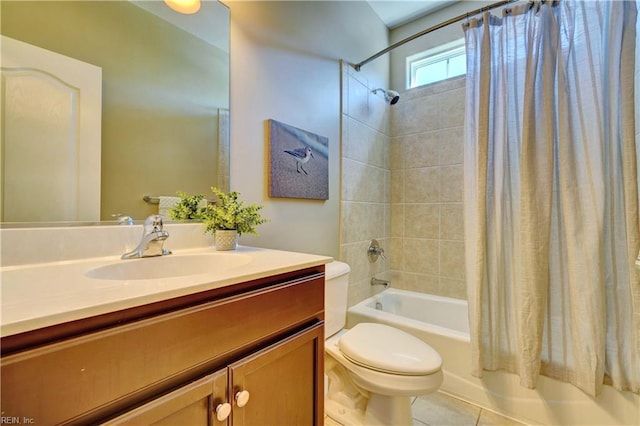 bathroom with tile patterned floors, toilet, shower / bath combo, and vanity