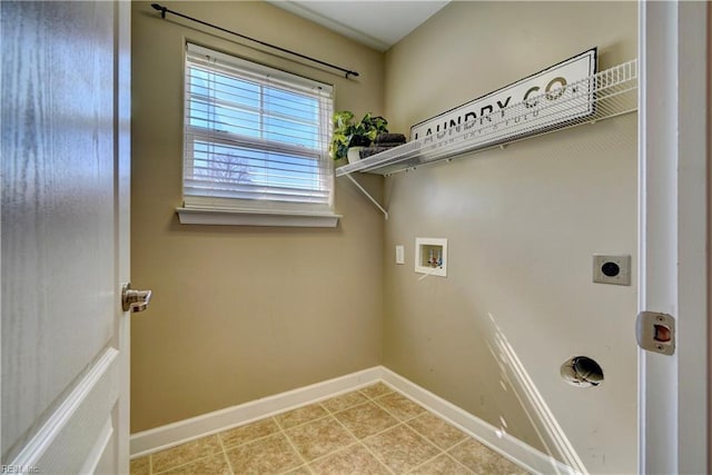 clothes washing area featuring hookup for a washing machine, baseboards, hookup for an electric dryer, laundry area, and tile patterned flooring