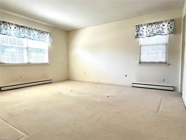 carpeted empty room with baseboard heating