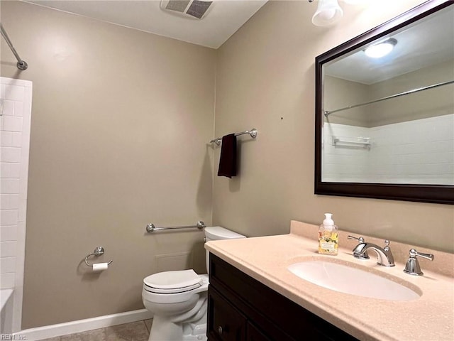 full bath with tile patterned flooring, visible vents, baseboards, toilet, and vanity