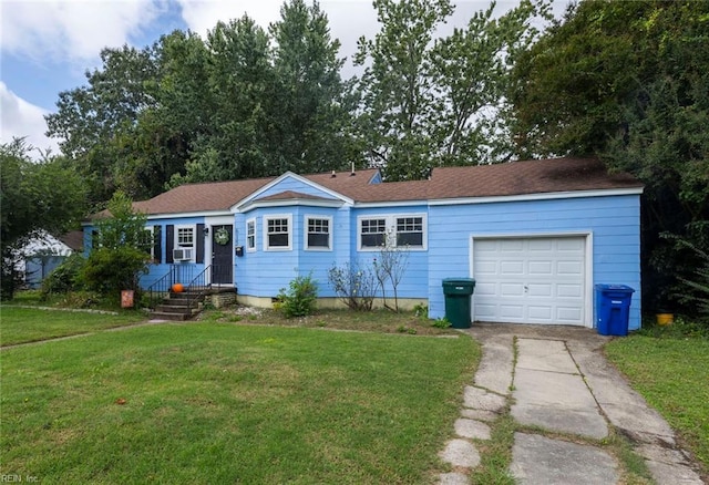 ranch-style house with a front yard, an attached garage, cooling unit, and driveway