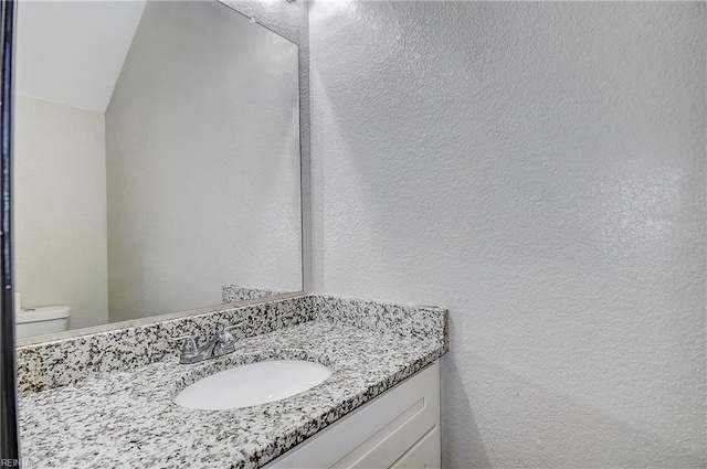 half bath with toilet, vanity, and a textured wall