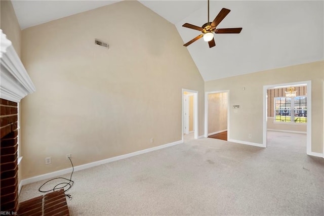 interior space featuring visible vents, ceiling fan, carpet, baseboards, and high vaulted ceiling