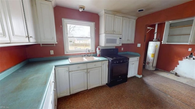 kitchen featuring a sink, water heater, white cabinetry, white microwave, and black range with gas cooktop