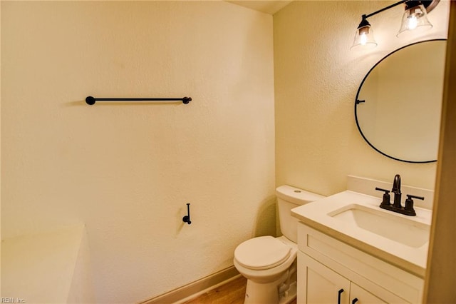 bathroom featuring toilet, vanity, and wood finished floors