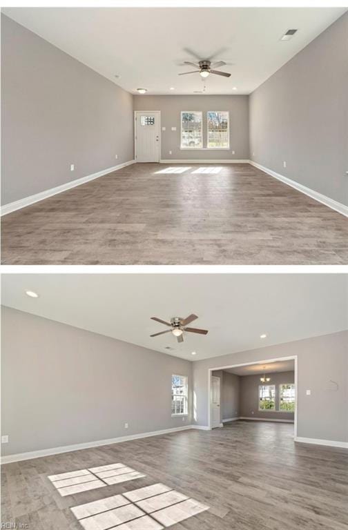 unfurnished living room with a wealth of natural light, visible vents, baseboards, and ceiling fan