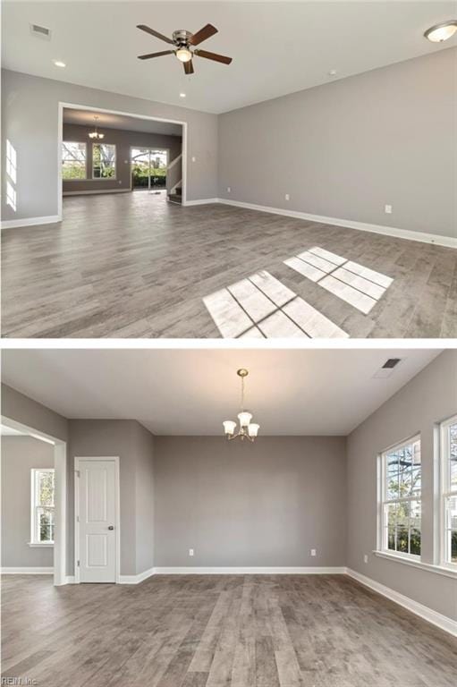 unfurnished room featuring visible vents, a healthy amount of sunlight, ceiling fan with notable chandelier, and baseboards