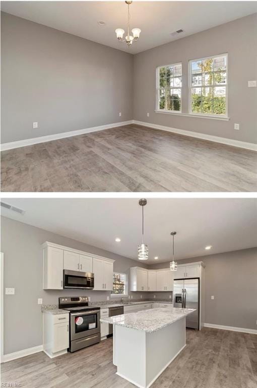 kitchen featuring plenty of natural light, a kitchen island, appliances with stainless steel finishes, and white cabinets