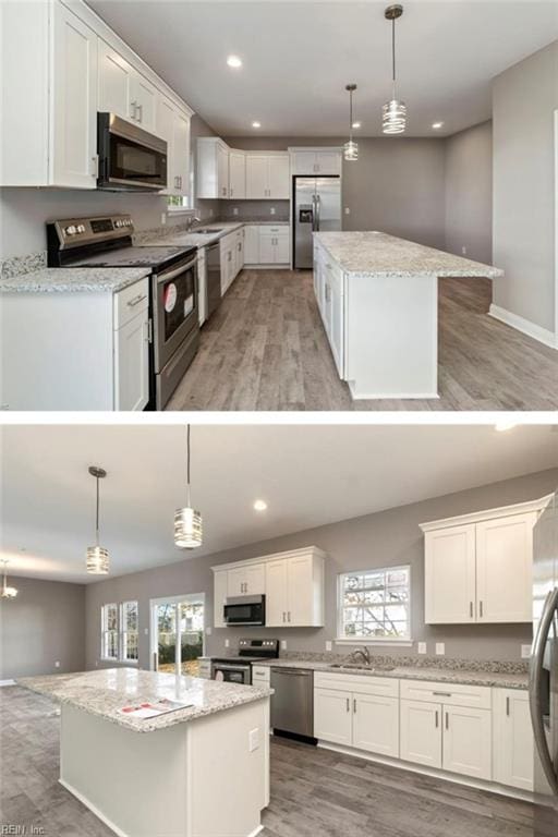 kitchen featuring a wealth of natural light, a kitchen island, white cabinetry, and stainless steel appliances