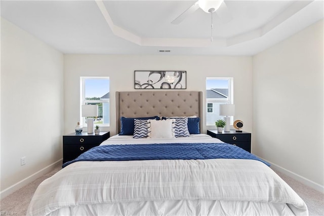 bedroom featuring baseboards, a raised ceiling, and carpet floors