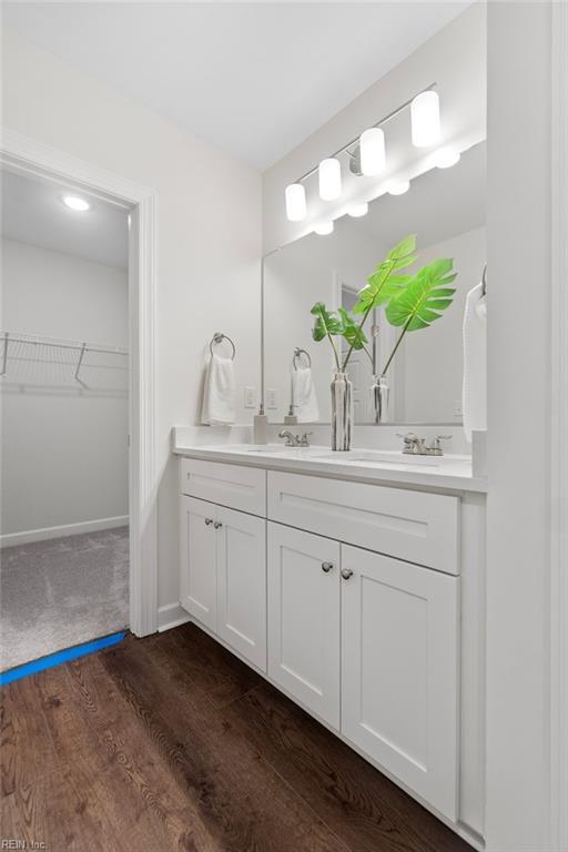 bathroom with a walk in closet, baseboards, double vanity, wood finished floors, and a sink