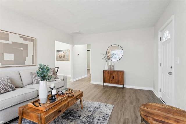 living area featuring wood finished floors, baseboards, and a healthy amount of sunlight