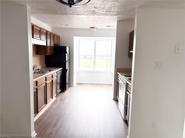 kitchen with a sink, a textured ceiling, white range with electric stovetop, light wood finished floors, and dishwasher