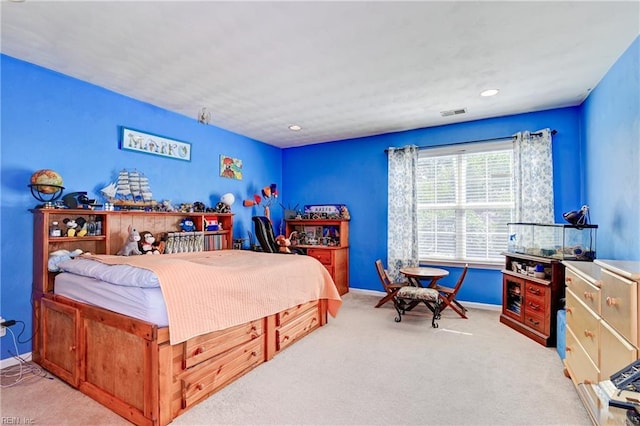 bedroom featuring recessed lighting, baseboards, and carpet