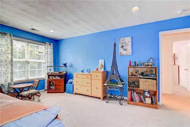 bedroom featuring recessed lighting, visible vents, baseboards, and carpet flooring