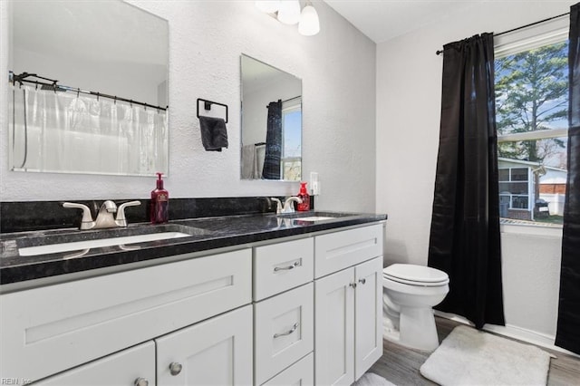 bathroom featuring wood finished floors, toilet, and a sink