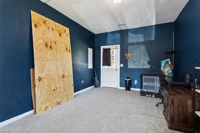 office featuring baseboards, carpet floors, and visible vents