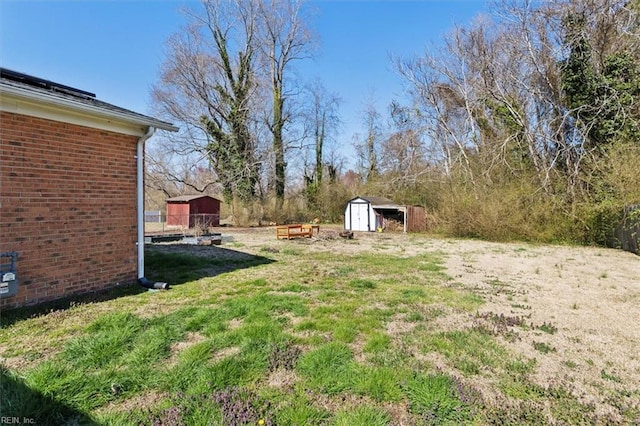 view of yard featuring a storage shed and an outdoor structure