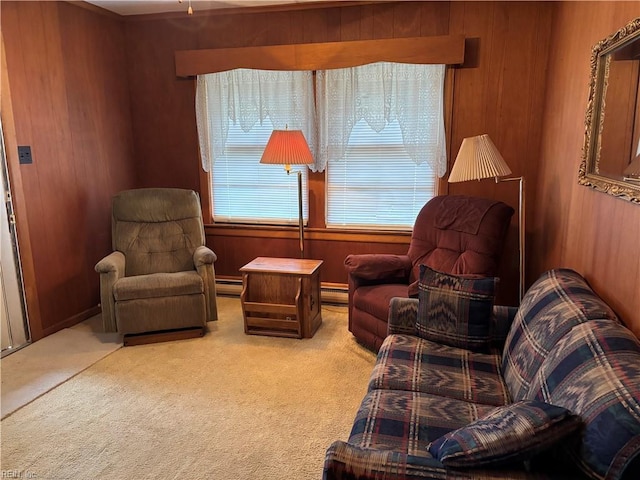 living area with wood walls, a baseboard radiator, and carpet floors