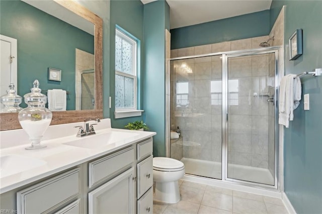 bathroom featuring tile patterned floors, toilet, a stall shower, a sink, and double vanity