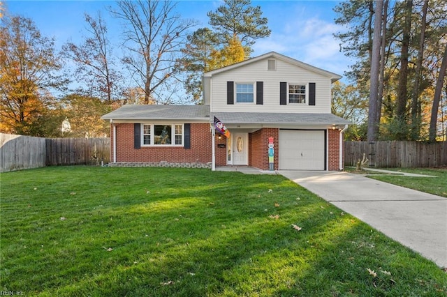 view of front facade with brick siding, driveway, a front yard, and fence