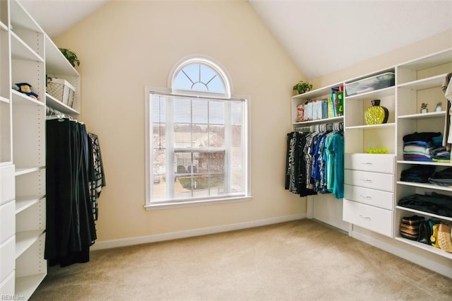 spacious closet with carpet flooring and lofted ceiling